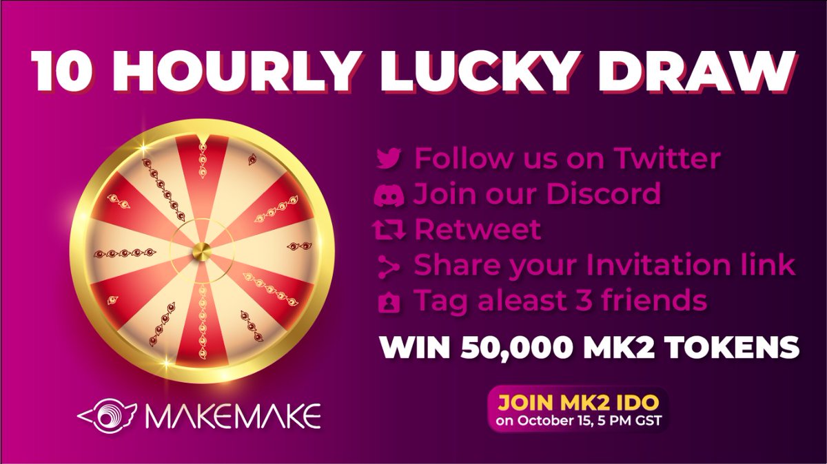 mk2club's tweet photo. 10 X HOURLY LUCKY DRAW 🎟

Starts in 1 HOUR!

To join, follow @mk2club, join Discord, register for our Twitter AMA, and tag a friend.

We'll pick 5 winners every hour for 10 hours straight on Twitter and Discord!

Lucky draw rules to be disclosed hourly!
1000 $MK2 to each winner https://t.co/pPXGzUcUHO