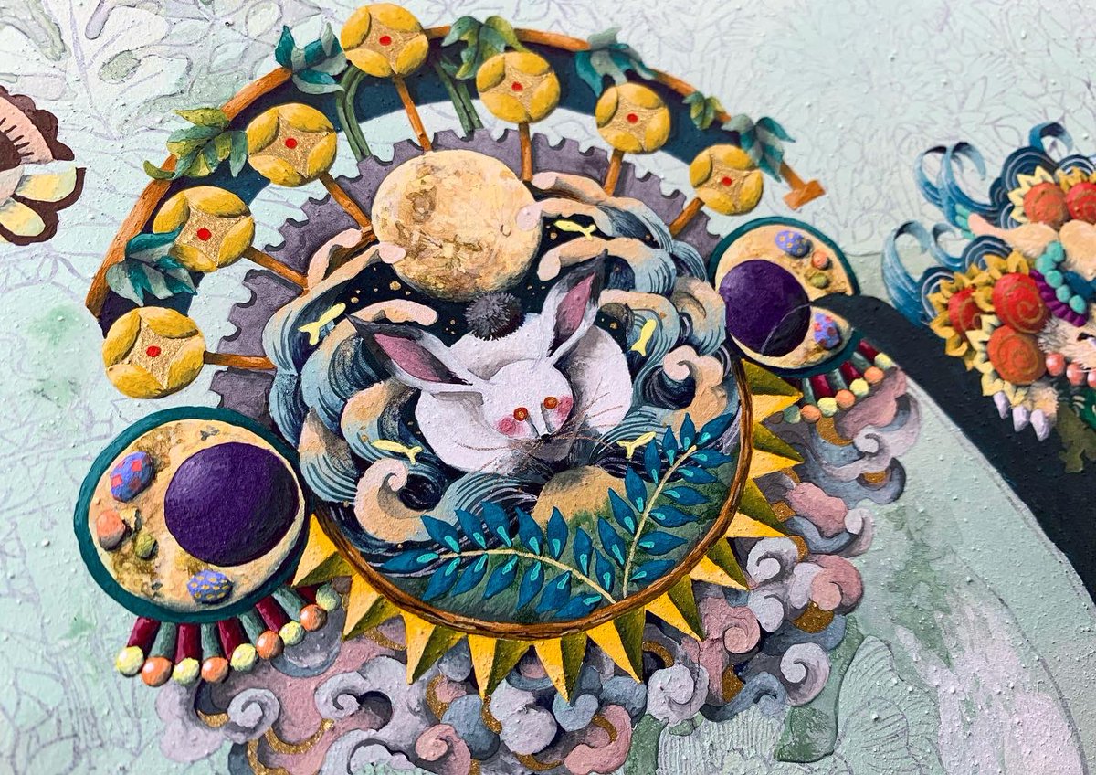 no humans traditional media flower rabbit moon painting (medium) watercolor (medium)  illustration images