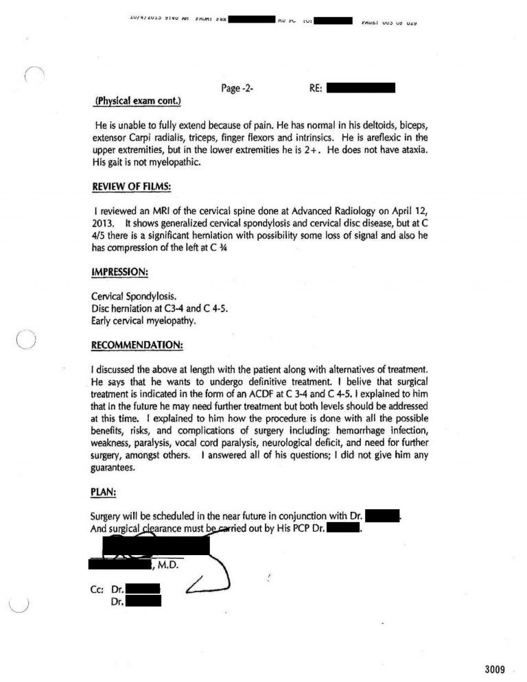 medmalreviewer's tweet photo. Patient sees a spine surgeon for ongoing neck pain. 
Surgeon writes the note shown below. 
Entire case: https://t.co/lfMetrF1ZJ https://t.co/8zOPYowD75
