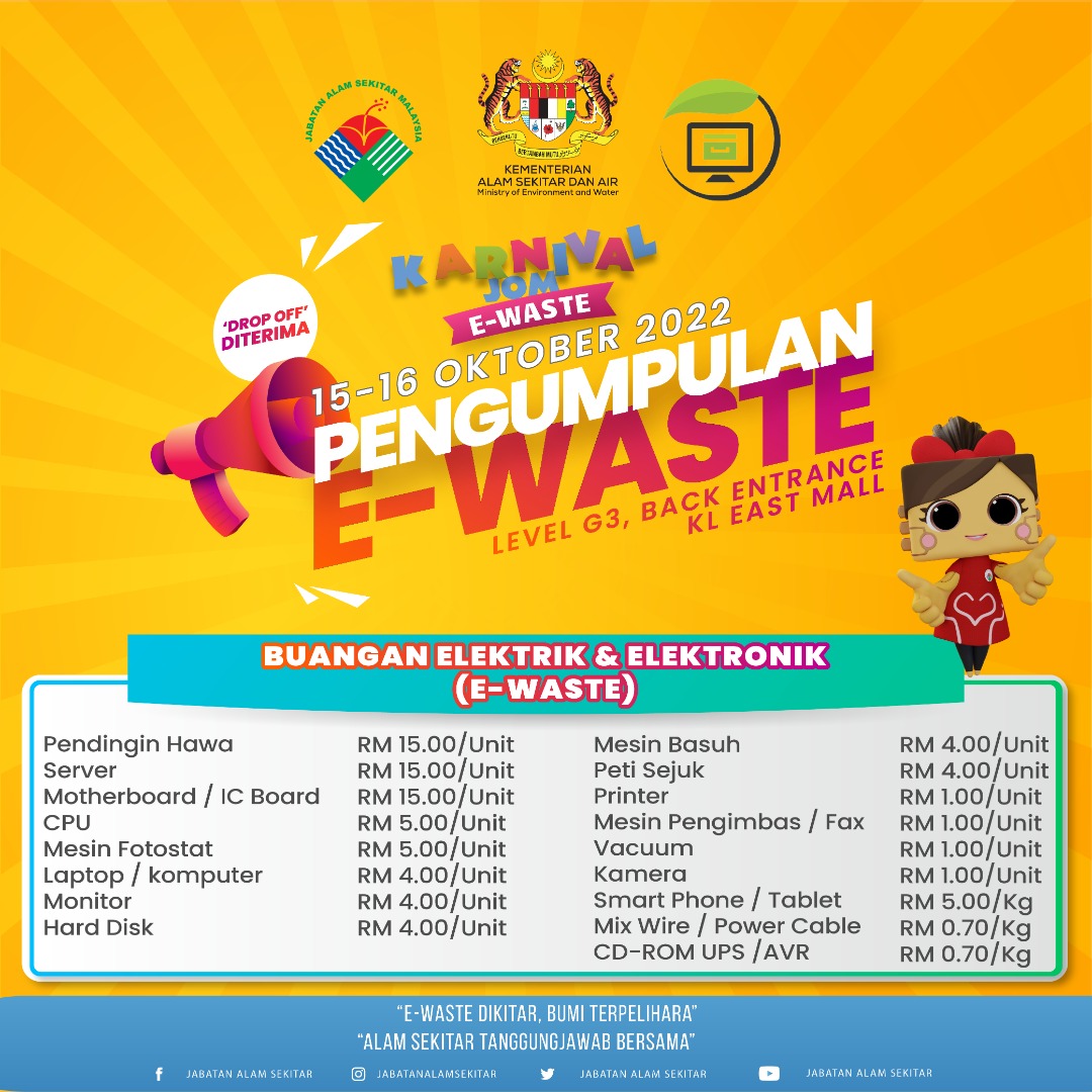 astrokasih's tweet photo. Jom beramai-ramai ke ‘Karnival Jom E-waste 2022’! 

Tarikh: 15 &amp; 16 Oktober
Masa: 10AM - 6PM
Tempat: Concourse area, Aras G1, KL East Mall

#KarnivalJomEwaste #KLEastMall #PengumpulanEwaste #Ewaste #JabatanAlamSekitar #KementerianAlamSekitarDanAir #AlamSekitarTanggungjawabBersama https://t.co/o30FxFX5ES