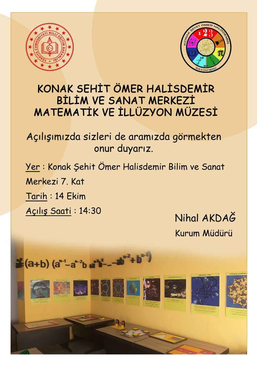 Konak Şehit Ömer Halisdemir Bilim Ve Sanat Merkezi  matematik ve illüzyon müzesi cuma günu saat 14.30 açılıyor.Izmir deki  tüm öğrencilere hizmet edecek .
@BilsemMeb 
<a href="/izmirmem/">İzmir MEM</a> 
<a href="/konak_ilcemem/">Konak İlçe Milli Eğitim Müdürlüğü</a> 
<a href="/konaksohbsm/">Konak Şehit Ömer Halisdemir Bilim ve Sanat Merkezi</a>