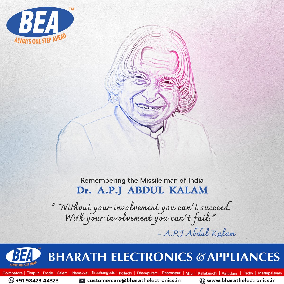 bharath_bea's tweet photo. "Without your involvement, you can't succeed.
With your involvement, you can't fail."
Remembering the Missile man of India Dr. A.P.J ABDUL KALAM!
#BEA #AbdulKalam #Missileman #Missile #MissilemanofIndia #11thPresident #DrAPJAbdulkalam #Rocket #RocketScience #Wishes #Birthday https://t.co/3PF3SBkH2w