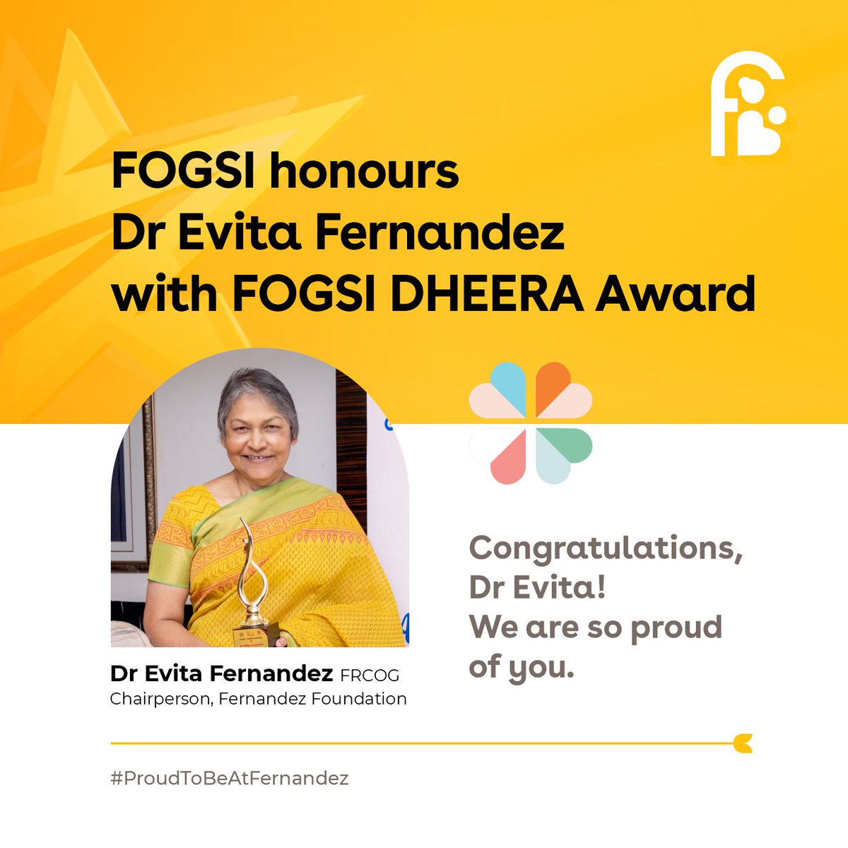fernandezhospit's tweet photo. The Federation of Obstetric and Gynaecological Societies of India (FOGSI) honoured Dr Evita Fernandez, Chairperson, Fernandez Foundation, with the FOGSI-DHEERA Award yesterday. https://t.co/l5lFYz2CHi