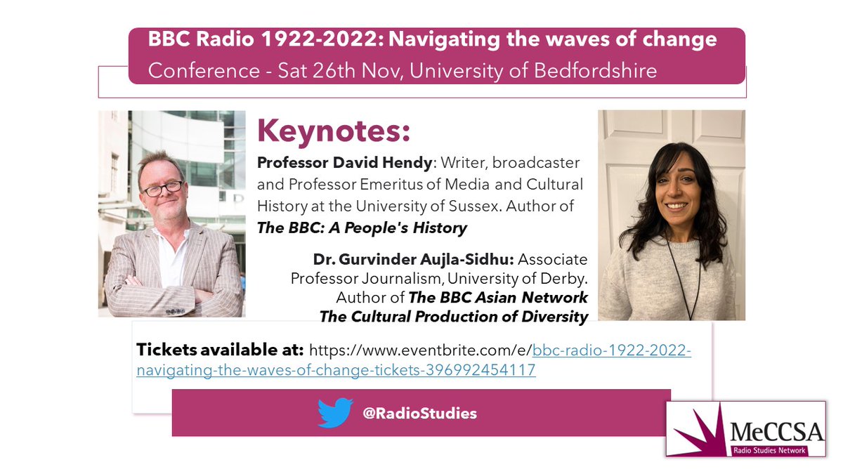 Book your tickets now for our one-day conference marking #BBCRadio100 Our fabulous Keynotes are <a href="/DavidjHendy/">David Hendy</a> and <a href="/gurvy100/">Dr Gurvinder Aujla-Sidhu</a> eventbrite.com/e/bbc-radio-19…