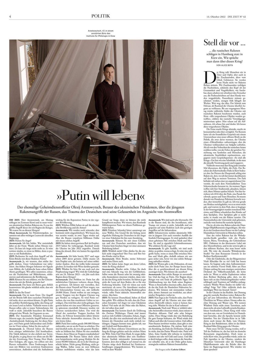 arestovych's tweet photo. - Die Zeit назвало интервью со мной: «Путин хочет жить».

Хотеть-то он хочет, да кто ж ему даст?.. https://t.co/FxQRUrRTtG