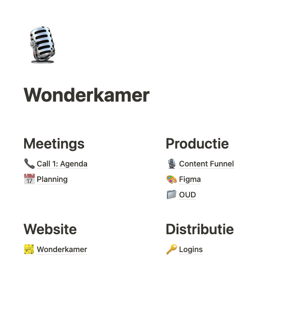This simple <a href="/NotionHQ/">Notion</a> page helps us manage our podcast <a href="/wonderkamerFM/">Wonderkamer</a> from planning to content distribution.