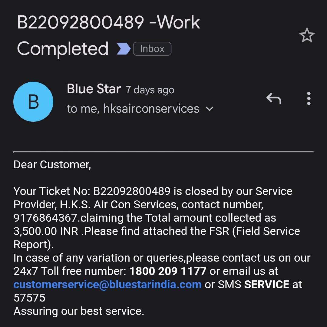 gnsh168's tweet photo. @BlueStarCare 
I raised this ticket on 28-sep-22 and issue is still not solved. Technician came and informed fan motor repair and never came back again. 
To my surprise ticket was auto closed with out fixing the issue. Please i want resolution or I will move to consumer court. https://t.co/YkSMmhHIfj