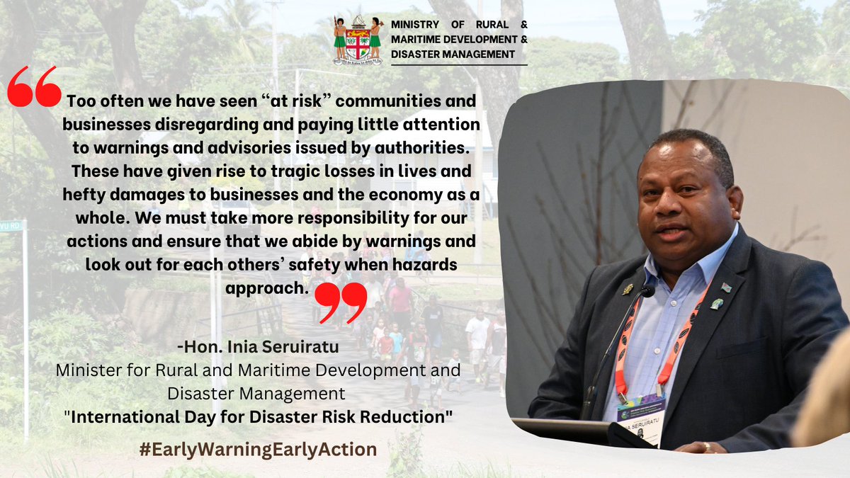 On this #IDRRDay, we:
✅continue to urge all stakeholders to work together to reduce disaster risk by addressing the underlying causes of vulnerability &amp;
✅reiterate the need for increased adherence to warnings &amp; advisories put out by authorities.

#EarlyWarningEarlyAction