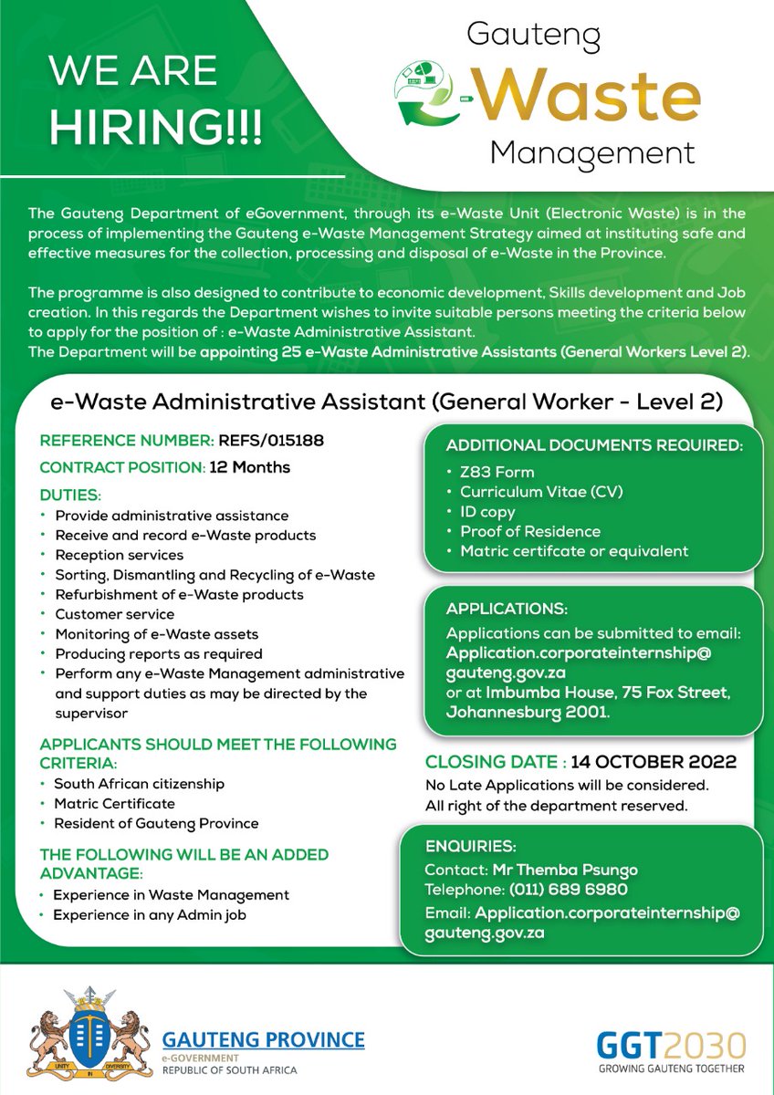 JOBS!

We have vacancies for 25 e-Waste Administrative Assistants.

Apply through the GPG Professional Job Centre or by sending your application to Application.corporateinternship@gauteng.gov.za or by dropping it off at Imbumba House, 75 Fox Str  Marshalltown, JHB

#JobSeekersSA