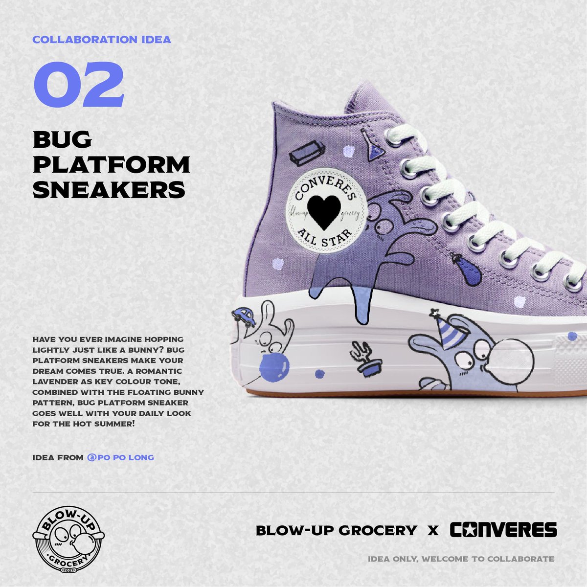 blowupgrocery's tweet photo. #BUGProduct
A romantic lavender as key colour tone, combined with the bunny pattern, BUG Platform Sneaker goes well with your daily look 💜💜💜!
Follow us now to get your #BUGNFT soon.
#blowupgrocery #BUG #nft #nftart
#nftcommunity
#nftdrop #nftcollection #nftbug #bugnft https://t.co/1zSg5hLrtS