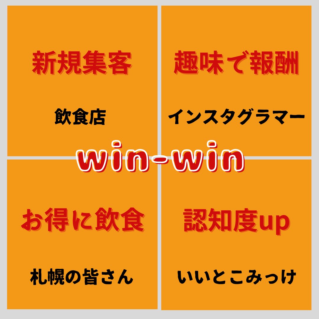 iitokomikke's tweet photo. いいとこみっけはwin-win-win-winを売りにしています！飲食店の方にはメンバーの投稿作成料と交通費を頂戴し、インスタグラマーさんには投稿を作って頂くことで成り立っていますが、、

札幌の方はお得に食べに行けるだけなんです！！！win中のwinなんです！！！

一緒に札幌を盛り上げましょう⭐️ https://t.co/fgcYsUestz