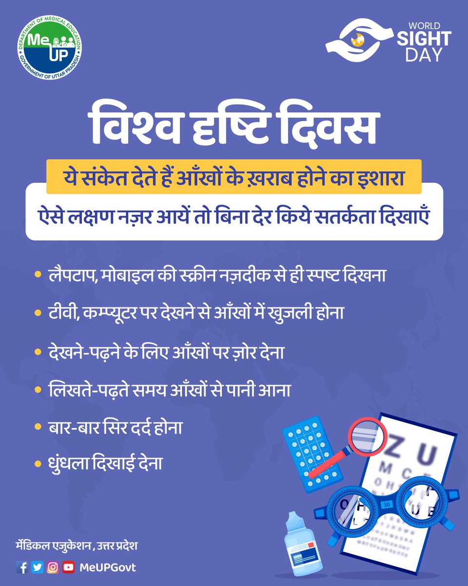 MeUPGovt's tweet photo. #WorldSightDay
आँखें वो अनमोल तोहफा हैं जिनकी देखभाल बहुत ज़रूरी है। ऐसे लक्षण नज़र आने पर तुरंत चिकित्सक से संपर्क करें। विश्व दृष्टि दिवस का आयोजन आँखों के महत्व व जागरूकता फैलाने के उद्देश्य किया जाता है। #LoveYourEyes #DRISHTI #PledgeYourEyes #SaveVision #Sight #Eyes https://t.co/sYGSCNwYKm