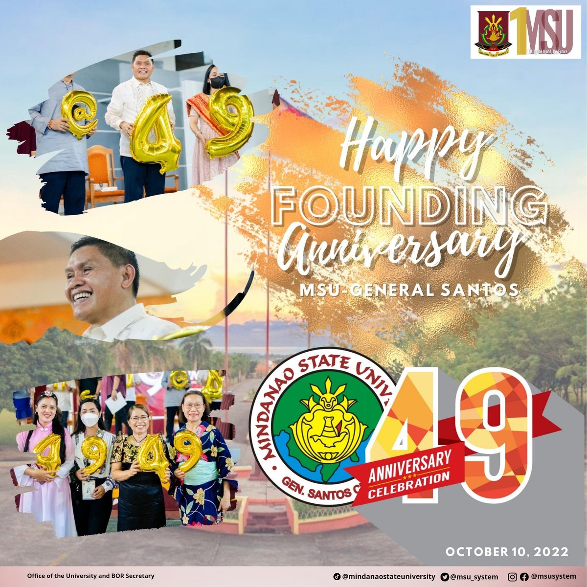 msu_system's tweet photo. Happy 49th Founding Anniversary, MSU-Gensan!

#1MSU 
#DakilangPamantasangMindanao https://t.co/6SQIBBrFgL