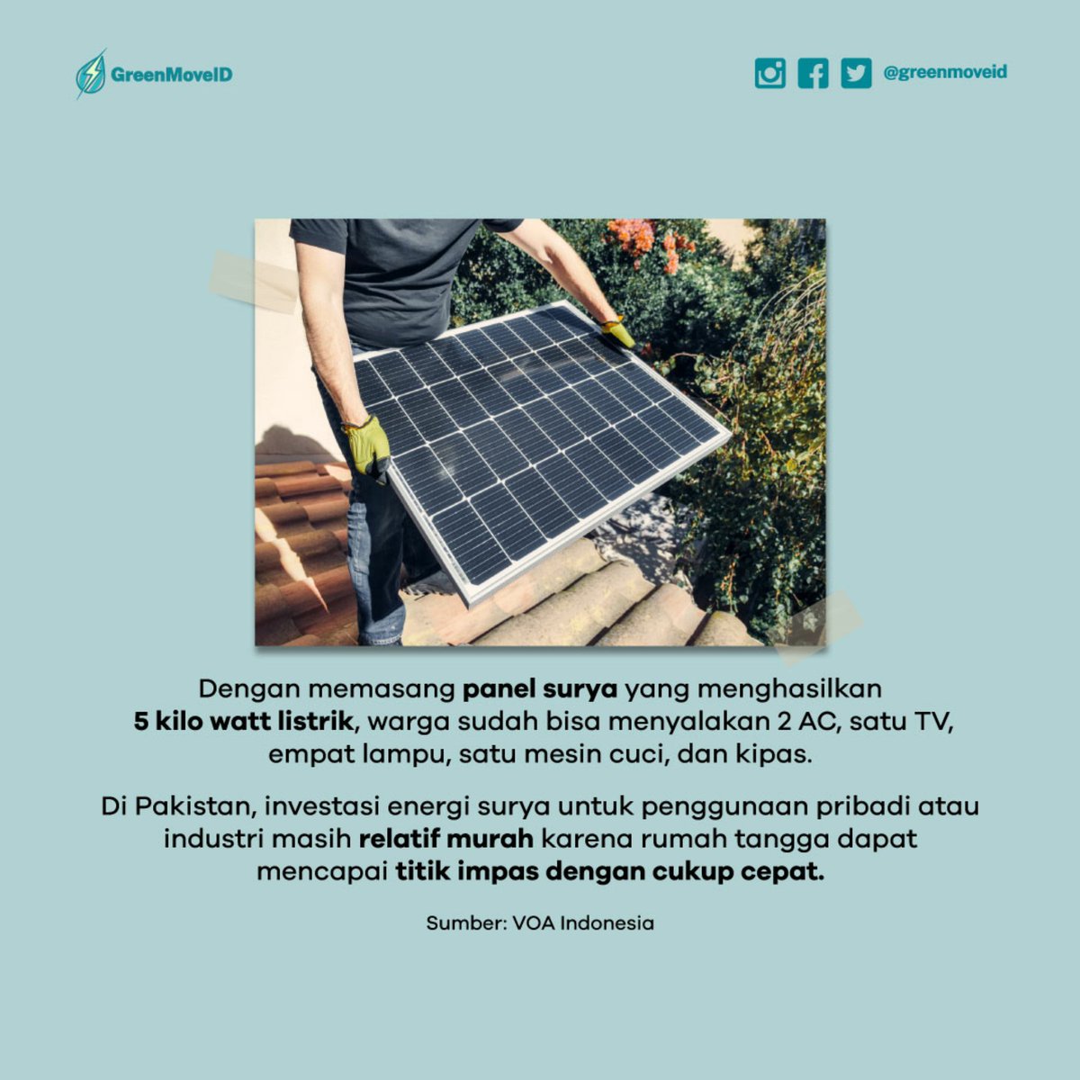 greenmoveid's tweet photo. Lambat lain semua orang akan sadar kalo PANEL SURYA ADALAH KUNCI.

Tagihan listrik bisa lebih kalem, bebas emisi, dan yang paling penting bisa mandiri listrik. Nggak byarrpett gitu dehh.

Semoga regulasi pasang PLTS di sini makin mudah ya, makin satset jugaa https://t.co/jnEXqjSR9B