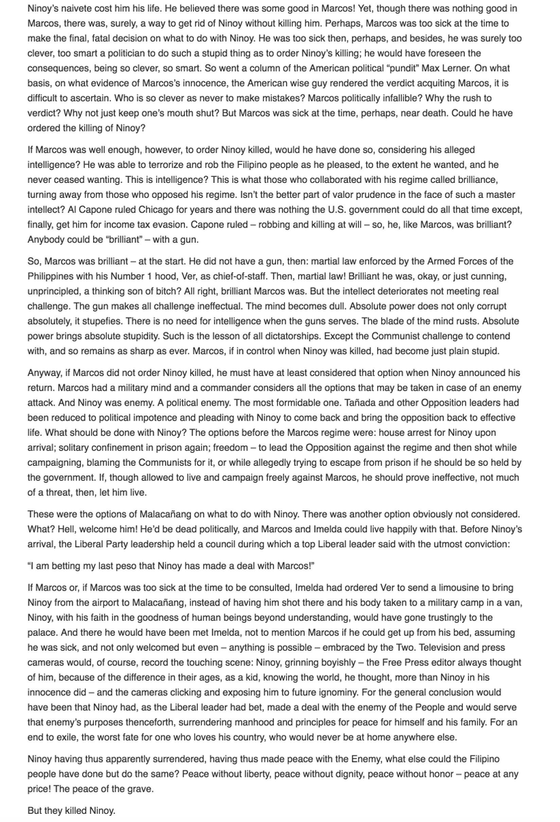 mlq3's tweet photo. The best reflection on the question of whether Marcos had Aquino killed (or if the question even matters), was written by Teodoro M. Locsin, Sr. Read it and see why. https://t.co/ZT2mI3EKiM https://t.co/lqz0QCRvCu