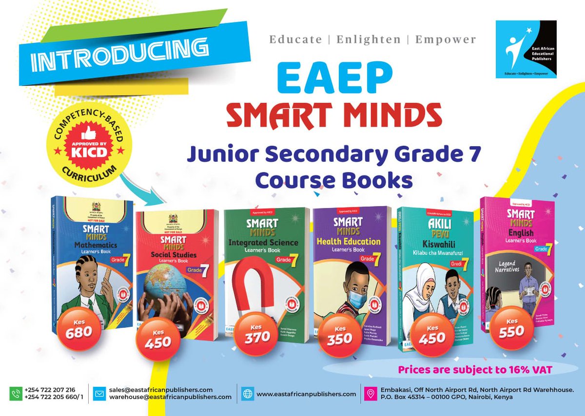 EAPublishers's tweet photo. Introducing our Grade 7 CBC Junior Secondary books. 
Available in bookshops. 
Have you bought your copy?
#eaep #CBC https://t.co/A6Fas73CPB
