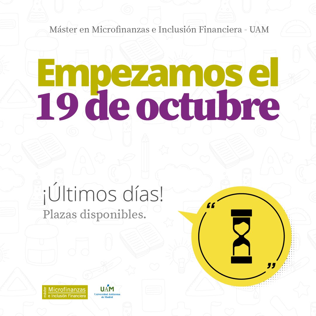 MicrocreditoUAM's tweet photo. Todavía estás a tiempo de diseñar tu futuro profesional.

Únete a los #agentesdecambio del futuro.

Toda la info 👉 https://t.co/LyqzUkWdt9

#MMeIF #MasterMicrofinanzasUAM #microfinanzas #inclusionfinanciera #inclusionsocial #ImpactoSocial #InversionDeImpacto #fintech #UAM https://t.co/yxDOjOkIUu