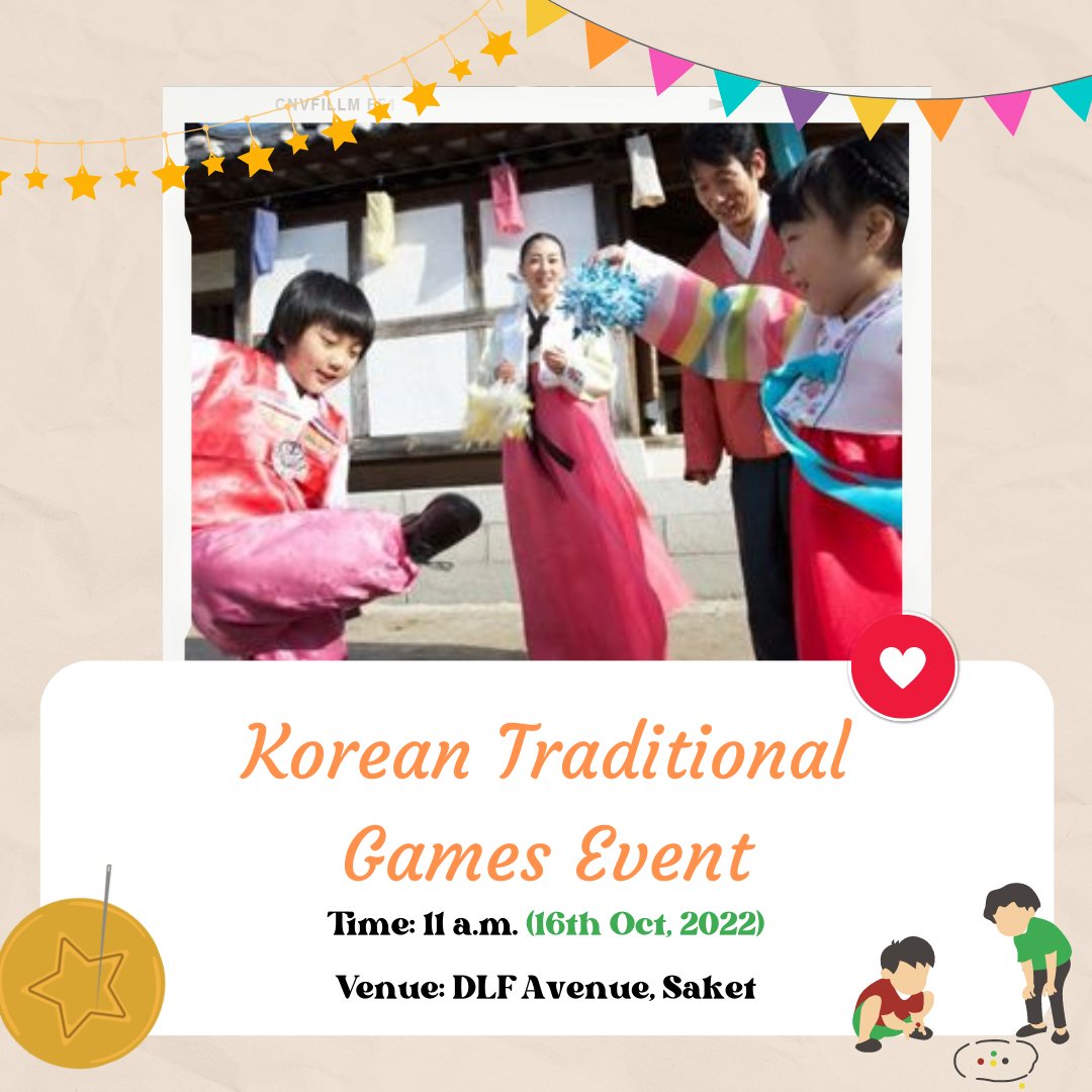 KCC_INDIA's tweet photo. Korean Traditional Games Event
Visit 'Rang De Korea' on 16th Oct'22 and play Korean games like Red Light, Green Light, Ddakji, Squid Game Experience, Early Bird Prize  &amp; get a chance to win exciting prizes.
Time: 11 a.m. (16th Oct, 2022)
Venue: DLF Avenue, Saket https://t.co/kgpipExDPj