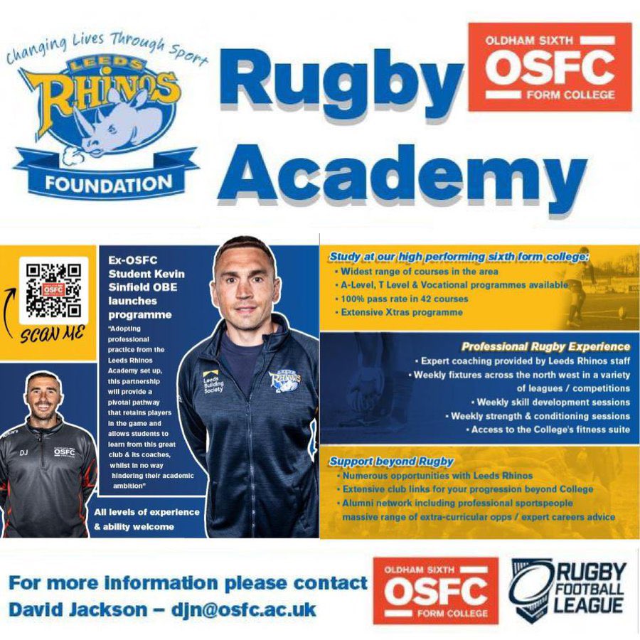Leeds Rhinos Foundation (@rugbyleeds) on Twitter photo Another great game for our <a href="/osfcPE/">OSFC PE Dept.</a> Development Academy yesterday 🆚 <a href="/RunshawCollege/">Runshaw College</a> ended 30-34.
For any players across Oldham in Year 11 interested in joining the Rugby Academy next year, find out more at our Development Day on 27 October 🏉
BOOK NOW ➡️ tinyurl.com/mwspxzz8w Another great game for our <a href="/osfcPE/">OSFC PE Dept.</a> Development Academy yesterday 🆚 <a href="/RunshawCollege/">Runshaw College</a> ended 30-34.
For any players across Oldham in Year 11 interested in joining the Rugby Academy next year, find out more at our Development Day on 27 October 🏉
BOOK NOW ➡️ tinyurl.com/mwspxzz8w