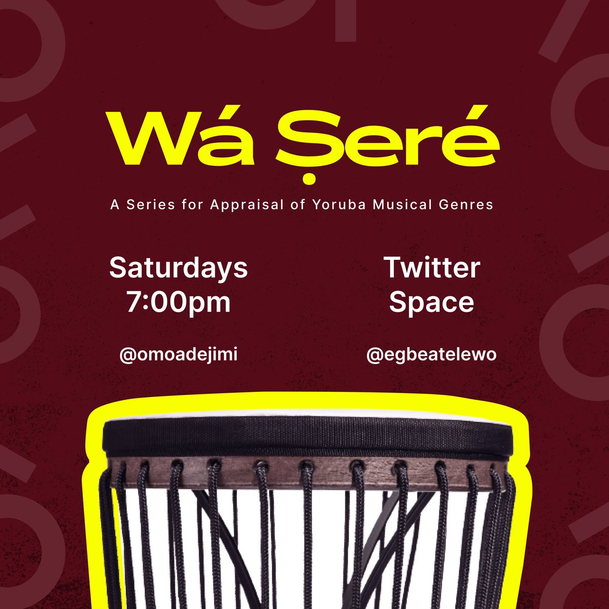 omoadejimi's tweet photo. This Saturday, I will be discussing and enjoying songs by Haruna Ishola with @egbeatelewo.
If you enjoy Baba Gani agba's music and have a particular one you would like to listen to, reply to this tweet.🤗 I will find it for you.
See you on Saturday!
#WaSere #WaSereSpace https://t.co/QNX0op2pOM