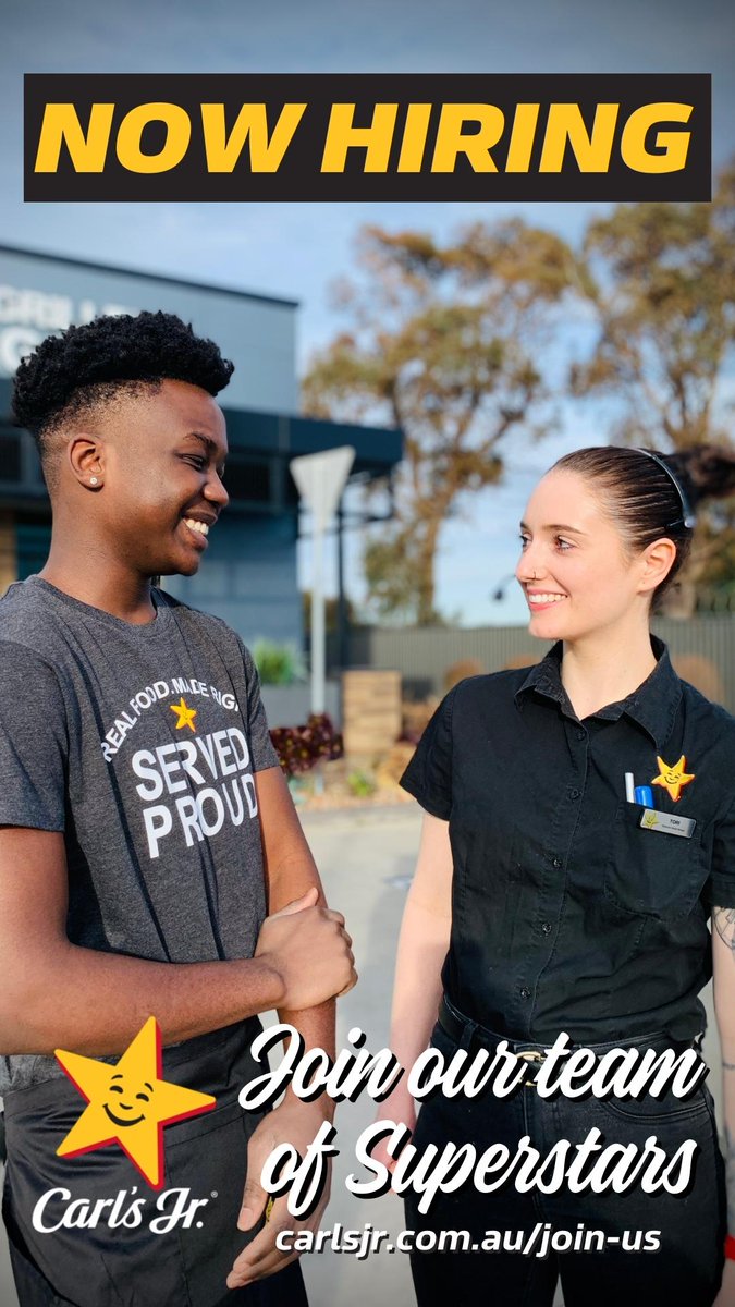 Oi, Superstar! Looking for a job? How about you jump in with the hottest new QSR chain in Australia, Carl's Jr.! Check to see if your local store is hiring at: carlsjr.com.au/join-us 

Join any of our awesome teams and start your journey now!