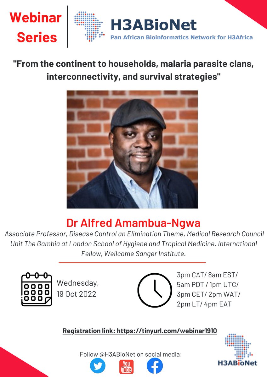 H3ABioNet's tweet photo. You are invited to the October H3ABioNet 2022 Webinar with Dr Alfred Amambua-Ngwa as he gives a talk titled "From the continent to households, malaria parasite clans, interconnectivity, and survival strategies". The talk will be on 19 October, 3pm (CAT) - https://t.co/yBJHbOg9YQ https://t.co/lB6WZbm2m0