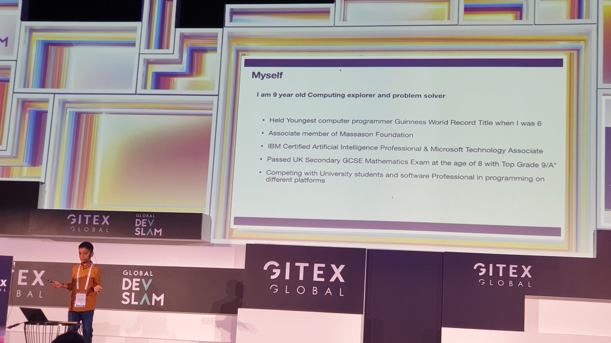 samuelchazy's tweet photo. 9 year old, Kautilya Katariya, taking center stage at #gitex22. You ask yourself what’s he doing here? Wait until he starts presenting his mathematical coding approach to complex problems; and then you forget while listening that he’s just a kid!

@Kautilyakatariy #Python #data https://t.co/VoM6UbzcTS