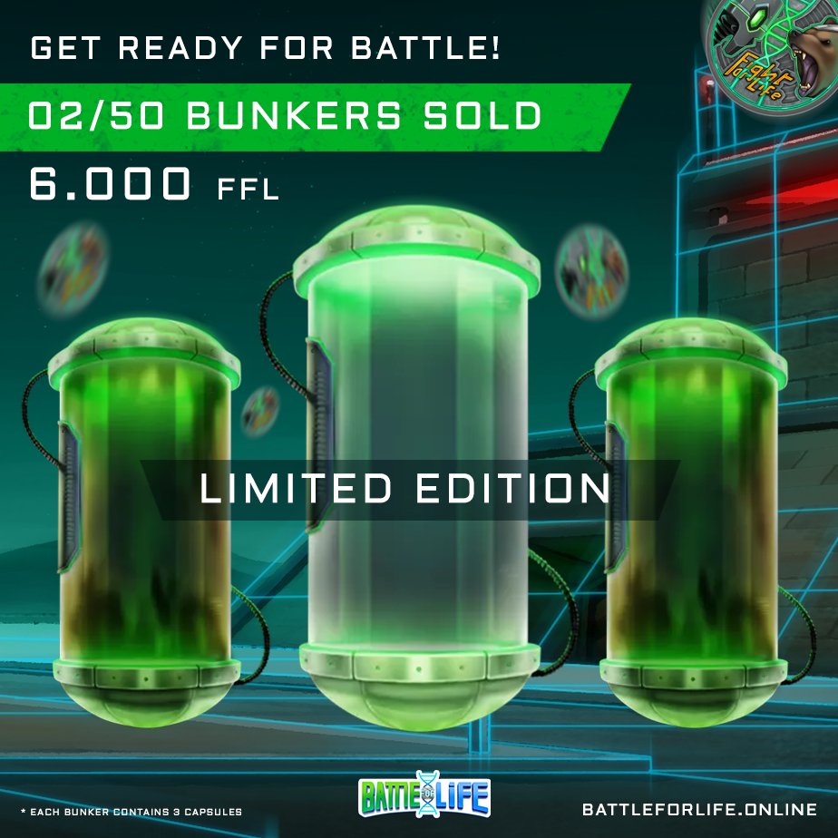 Get ready for battle! ⚔️
Humanity needs you.

There are only 50 units for sale for 6,000 FFL. 🧬🧬🧬
✅✅✅✅Buy your bunker now and start training more Terrestrial's
play.battleforlife.online/shop
Each bunker contains 3 capsules.
