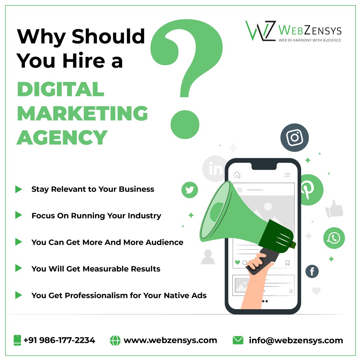WebZensys's tweet image. Why Should You Hire A Digital Marketing Agency? You Can&apos;t Imagine The Benefits Until You Hire One. To Be Success In Business, You Should Know More About It. For More Info, Call Us Now.
#digitalmarketing #digitalmarketingagency #bestdigitalmarketingservices #business