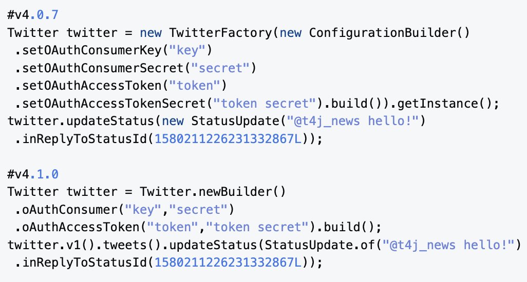 t4j_news's tweet photo. In #Twitter4J 4.1.0, everything is immutable and thread-safe.
Below are code examples that acquires a Twitter object specifying OAuth consumer/access token, then update status with in_reply_to_status_id.
The latter one is pretty simple, concise, and modern, isn’t it? https://t.co/z4fyOzvrZO