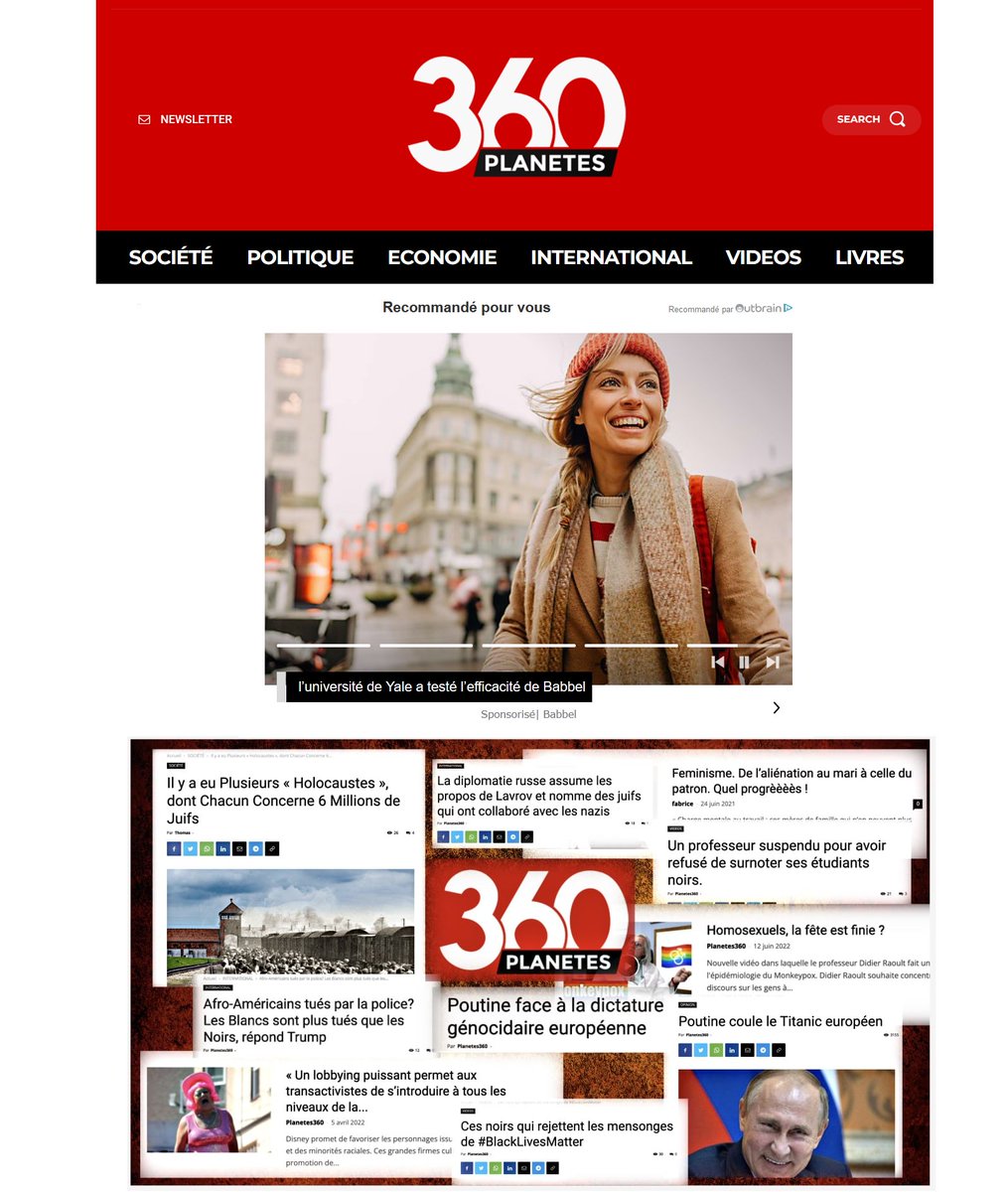 slpng_giants_fr's tweet photo. Bonjour @Babbel,
Vos pubs se retrouvent sur #planetes360.fr, site ultra-complotiste antivax, grand pourvoyeur de désinformation et relai appliqué de la propagande de Poutine.
Allez-vous les retirer de là (et aussi prévenir @OutbrainFr qui les a placées là à votre insu) ? https://t.co/4HaDMqoPUf