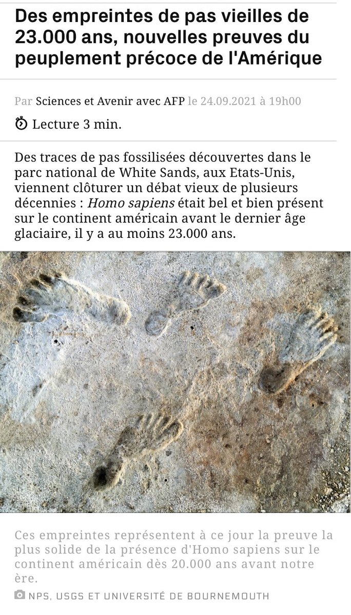 Incroyable découverte : pour le changement définitif de modèle que cela implique (les humains n’ont pas rejoint l’Amérique à pied à la faveur de la fin de la dernière glaciation), et aussi pour la forme, tellement touchante et frappante, de ces empreintes
sciencesetavenir.fr/archeo-paleo/a…