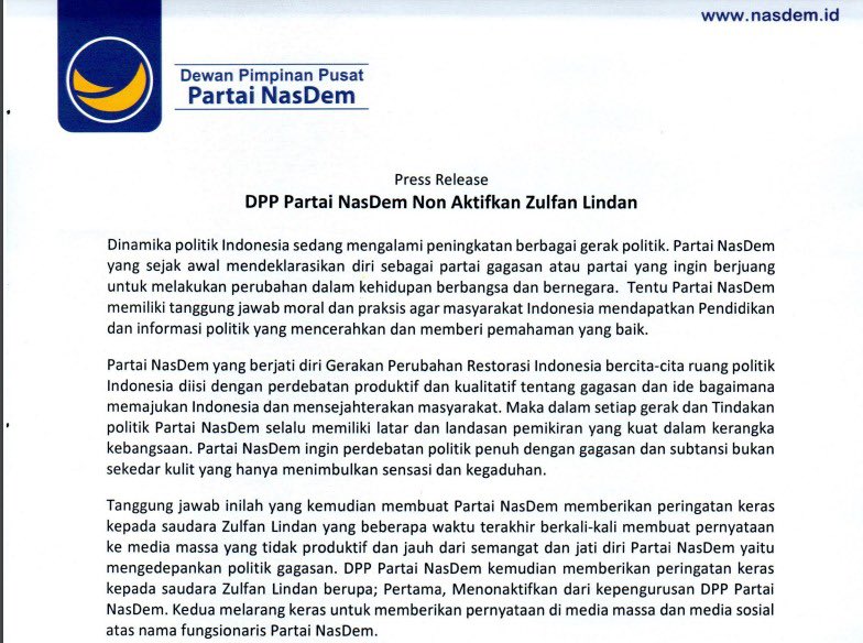 yusuf_dumdum's tweet photo. Akibat statemen ngawurnya, Zulfan  dinonaktifkan dr kepengurusan DPP @NasDem.

Silahkan saja yg lainnya terus gaungkan bahwa memang Abud adalah antitesa Jokowi. Kalian benar kok. Jangan munafik. 😅 https://t.co/qa4nBQuGnf