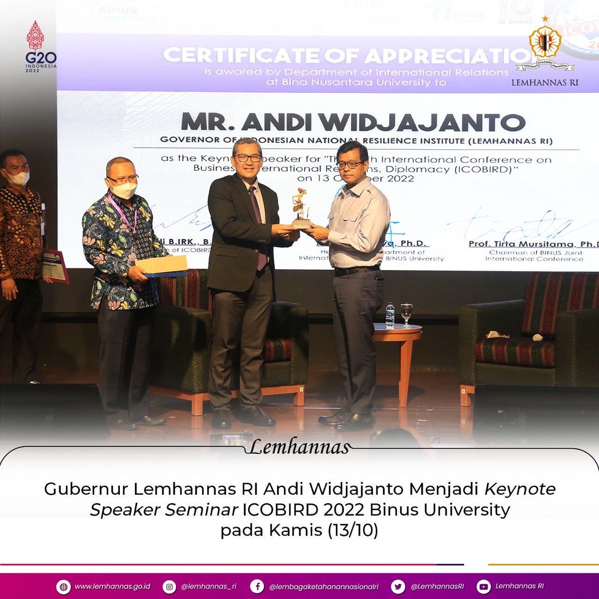 dan peringatan sepuluh tahun Program Studi Hubungan Internasional Binus University di Auditorium Kampus Anggrek Binus University, Jakarta Barat, Kamis, 13 Oktober 2022.