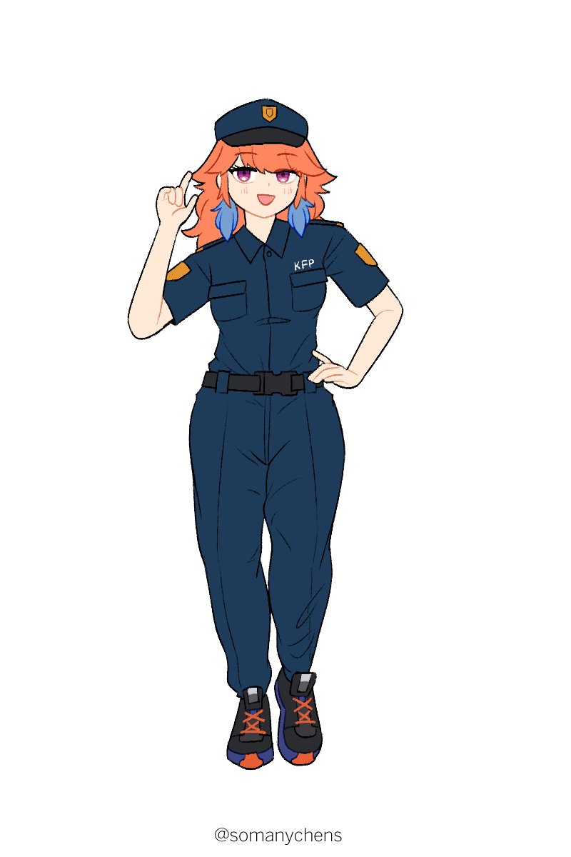 takanashi kiara 1girl uniform solo orange hair police hat hand on hip  illustration images