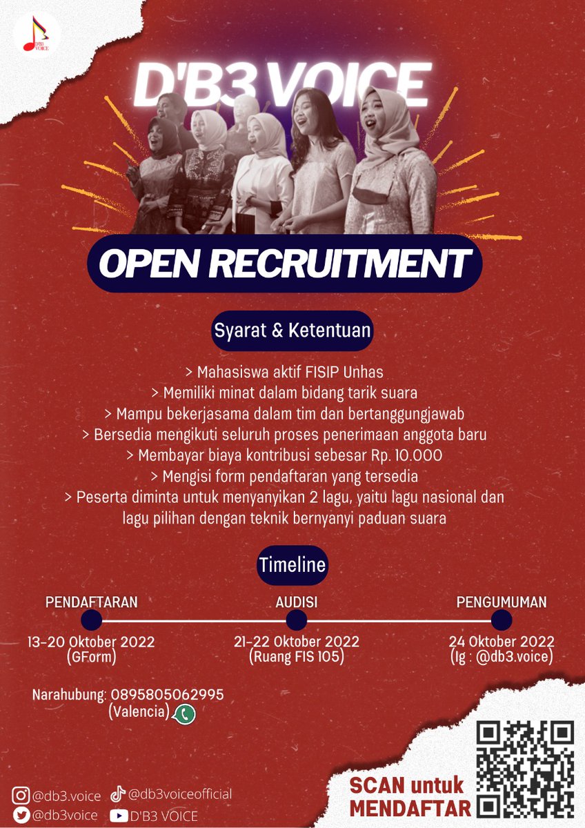 db3voice's tweet photo. Hai Singers...
Pendaftaran anggota baru D'B3 Voice FISIP Unhas telah DIBUKA🎉

Jadi bagi kamu yang hobi nyanyi dan kepengen masuk Padus, yuks daftar sekarang juga❤️
We will be waiting to hear your voice🥰
#singforfun https://t.co/e5BMubav7a