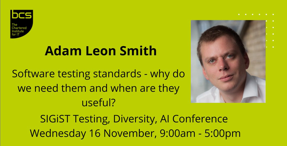 Come to <a href="/SIGiST/">SIGiST</a>'s Conference &amp; hear @adamleonsmith  talk "Software testing standards - why do we need them and when are they useful?"
Adam is CTO of Dragonfly, a quality engineering specialist consultancy. #Testing #SoftwareTesting
Get your tickets here: lnkd.in/eTgKrt_j