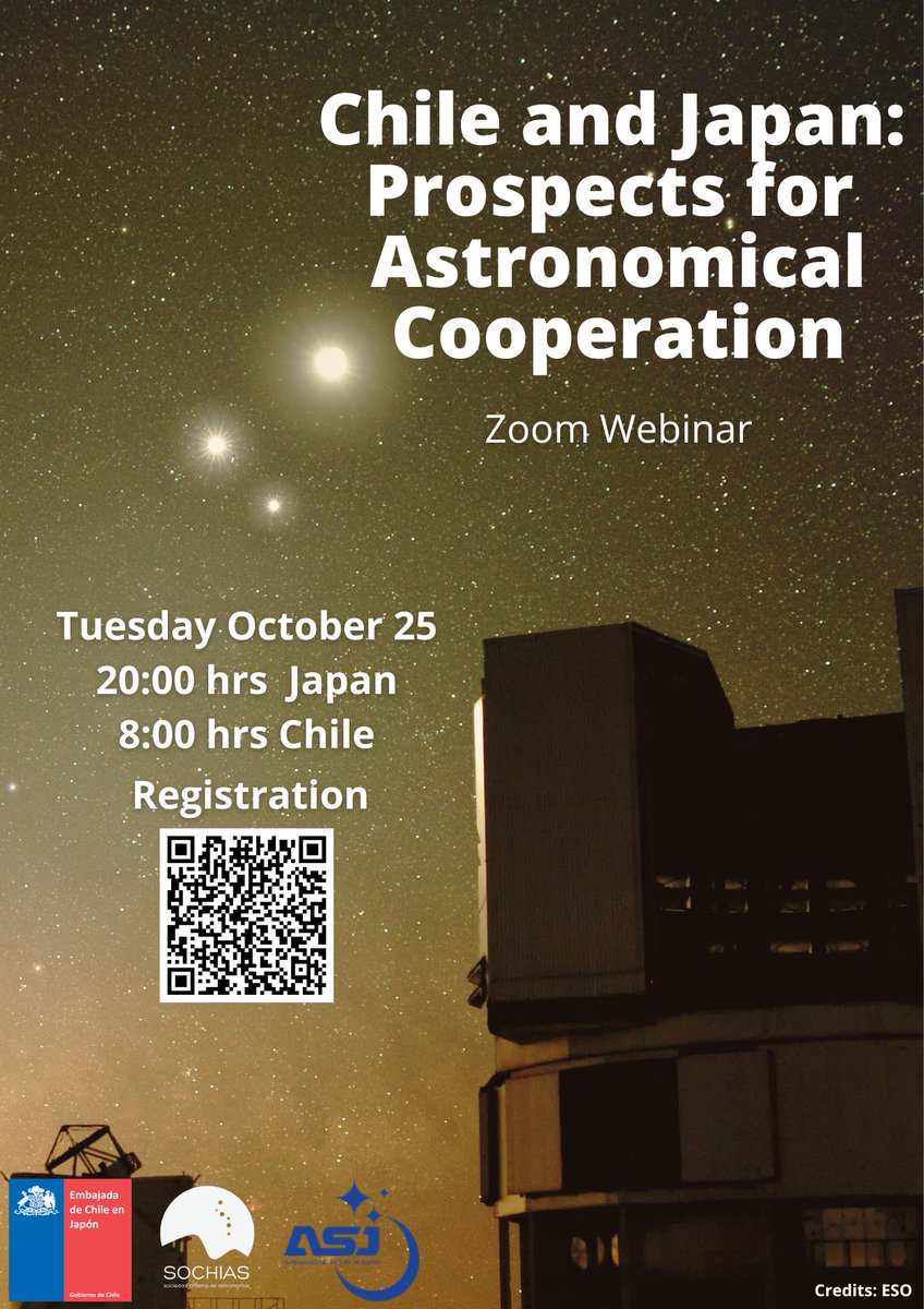 Interested in astrophysics and the new observatories being built in Chile?🔭🌠

Join us in the webinar "Chile and Japan: Prospects for Astronomical Cooperation"

🗓️Tuesday, October 26 
🕗20:00 hrs 🇯🇵 8:00 hrs 🇨🇱

Registration 👉bit.ly/3epJz04
<a href="/sochias_cl/">SOCHIAS</a>