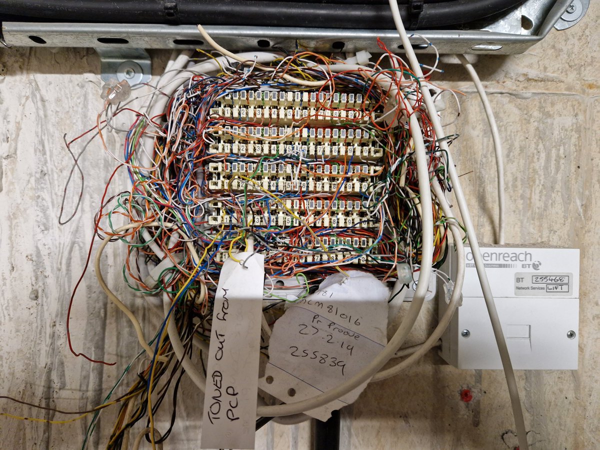 This is the kind of stuff we come across daily. An Openreach DP. Several businesses lines &amp; broadband run through this rat's nest. No pride in their work at all