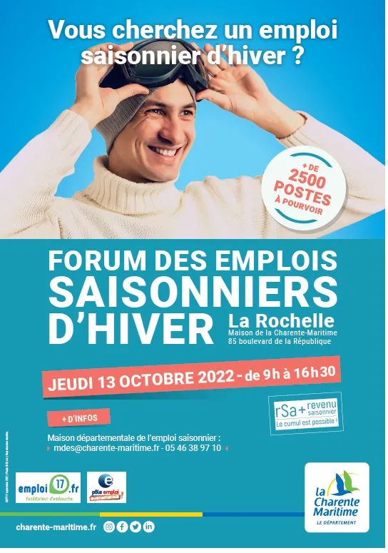 C'est aujourd'hui ! Forum des emplois saisonniers d'hiver avec @poleemploi_ara et @poleemploi_NA 
Le #Dept17, avec sa Maison de l’emploi saisonnier #MDES, vous donne RDV au forum des empois saisonniers d'hiver. 
📅 Jeudi 13 octobre 
⏲️ 9h -16h30