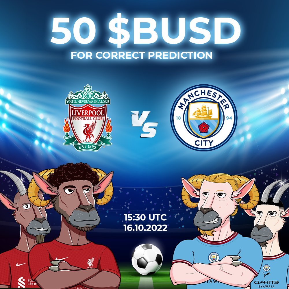 GoatFiCrypto's tweet photo. [GA] GoatFi 
This weekend, Man City vs Liverpool will be kicked off
GoatFi offers a total $50 BUSD for correct prediction
💰Reward 50 $BUSD
🏆5 Lucky winners

1️⃣ RT, like &amp; follow @GoatFiCrypto 
2️⃣ Tag 3 friends &amp; comment your prediction 
3️⃣ Join here: https://t.co/t2wHxMAQY2 https://t.co/O9Mtf8OUuP
