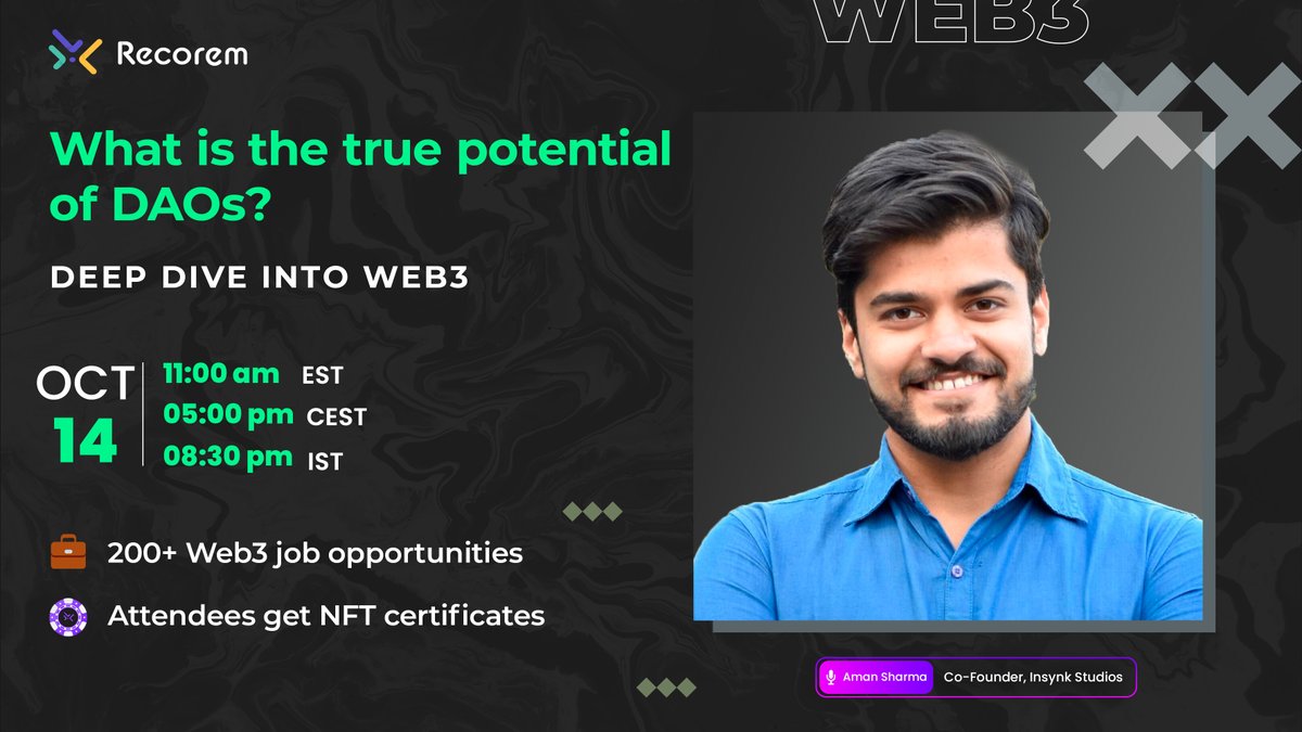 📢 Join our next event on 14/10/2022 with 
@nerdycap007 , Co-Founder of <a href="/0xinsynkstudios/">InSynk Studios</a>  hosted by <a href="/havealakshya/">Lakshya Mittal 🧘‍♂️</a> 

Discussion on:

✅ What is the True Potential of DAOs?

Here's how to register: 👇🏻