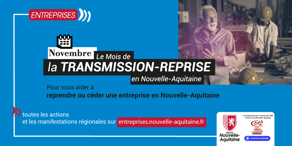 NvelleAquitaine's tweet photo. [#Entreprise] RDV en novembre pour le #MoisDeLaTransmissionReprise en #NouvelleAquitaine
👉 Pour informer sur les #aides mobilisables pour transmettre ou reprendre
🔗 https://t.co/VqIwYProlC

@Artisanat33 @CCINleAquitaine @PhilippeNauche @ScopNouvelle_Aq #CECOGEB @FFBNleAQUITAINE https://t.co/OFQ19FE3Qx