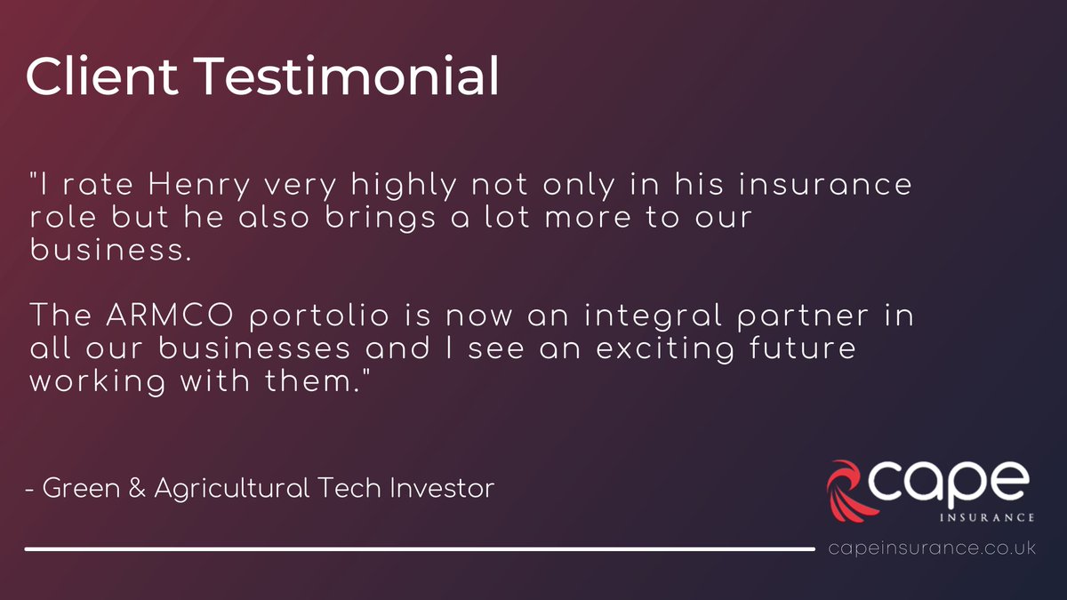 What clients think about working with Cape Insurance:

"I rate Henry very highly not only in his insurance role but he also brings a lot more to our business.

The ARMCO portfolio is now an integral partner in all our businesses and I see an exciting future working with them."
