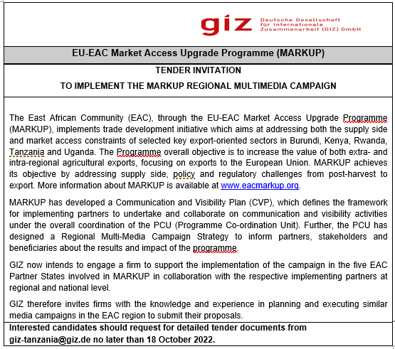 Are you experienced in planning and executing successful media campaigns in #EastAfrica?
<a href="/eacmarkup/">EAC MARKUP</a> is looking for you! 

If interested, request for detailed tender documents from giz-tanzania@giz.de no later than 18 October 2022.
More info👇