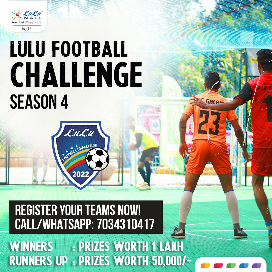 Excitement is in the air! LuLu Football Challenge Season 4 is coming to you - from 18th to 20th November - and we're as excited as you are. For registrations, call/ WhatsApp: +91 70343 10417 #LuLuMall #LuLuMallKochi #LFC2022 #LFC #FootballChallenge #kochi