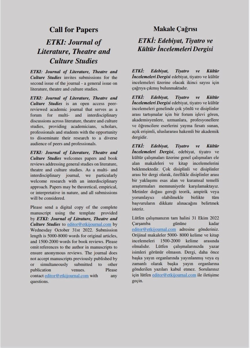 etkijournal's tweet photo. Üçüncü sayımız için çağrımız ektedir. Çalışmalarınızı bekleriz.

CfP for the third issue. Looking forward to your manuscripts! https://t.co/J9g0xtG8I7