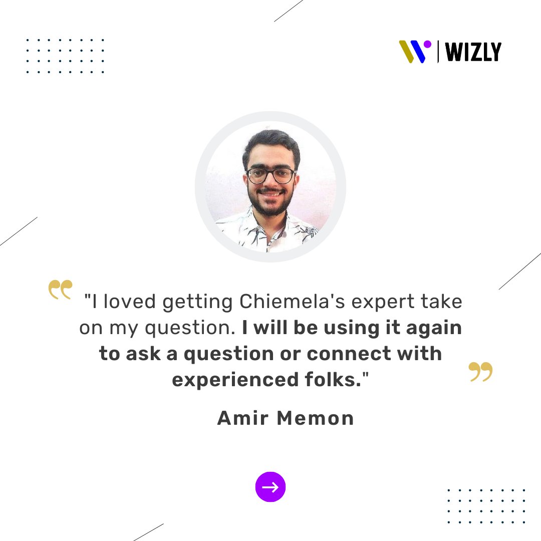 Thank you Amir Memon for the great feedback on our audio-video Q&amp;A tool on Wizly and the answer our Product Expert, @Chimex_Survivor provided.

View Amir's question &amp; ask your question for free: web.wizly.app/dashboard/qand…

#productmanagement #product #careermanagement #growth