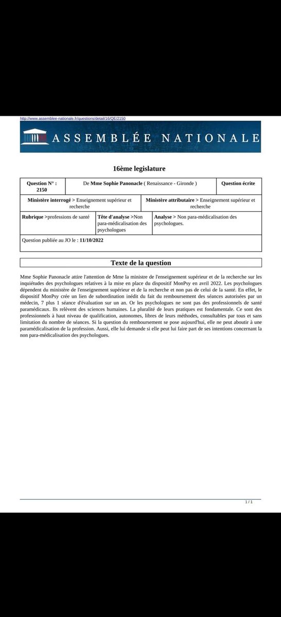 Manifestepsy's tweet photo. Questions très pertinentes de la députée @SoPanonacle au Ministère de la Santé @FrankBellivier @FrcsBraun @Sante_Gouv  ET au Ministère de l'enseignement supérieur ! 
Merci à vous pour ce soutien envers notre profession👏
Bravo au groupe d’action de notre collectif #manifestepsy https://t.co/sfanPWiECi