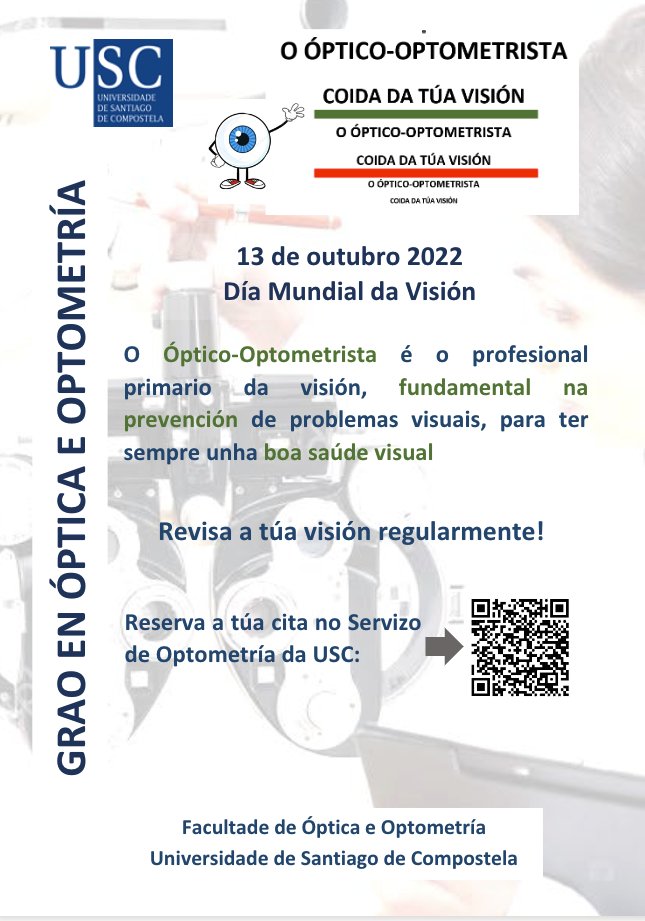 Hoxe, o Día Mundial da Visión!!!
Os/as estudantes da #FooUsc participan dun punto de información.
Vémonos esta tarde no Campus Sur .
A #FooUsc formando profesionais santiarios de atención visual primaria!!! para unha boa saúde visual de toda a poboación!!!!